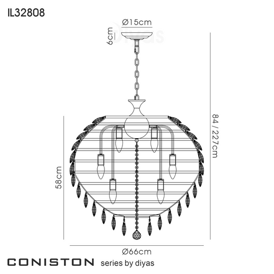 Diyas IL32808 Coniston Pendant, 12 Light E14, Polished Chrome/Crystal
