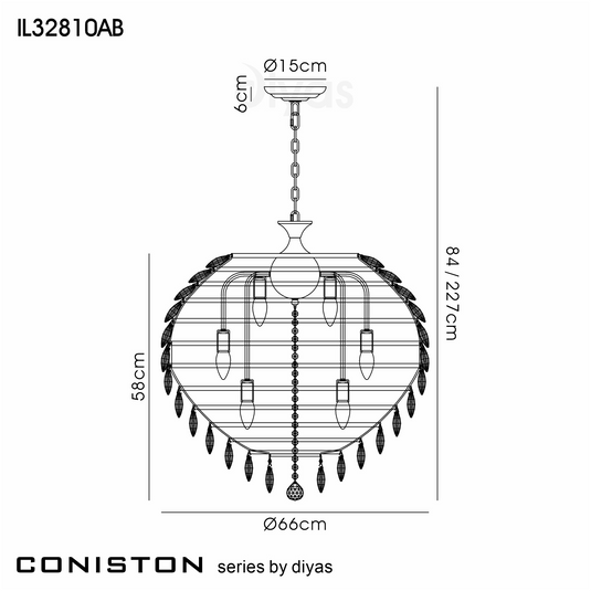 Diyas IL32810AB Coniston Pendant, 12 Light E14, Antique Brass/Crystal Item Weight: 29.2kg - 60956