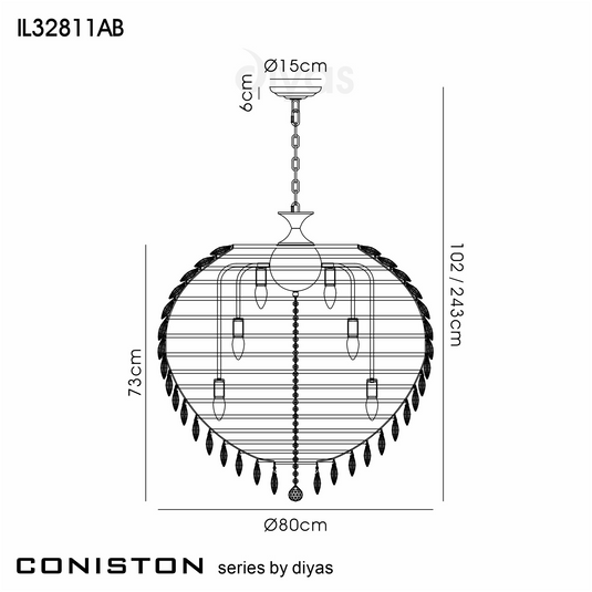 Diyas IL32811AB Coniston Pendant, 16 Light E14, Antique Brass/Crystal Item Weight: 46kg - 60960