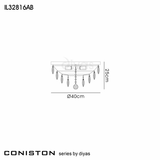 Diyas IL32816AB Coniston Flush Ceiling, 3 Light E14, Antique Brass/Crystal - 60947