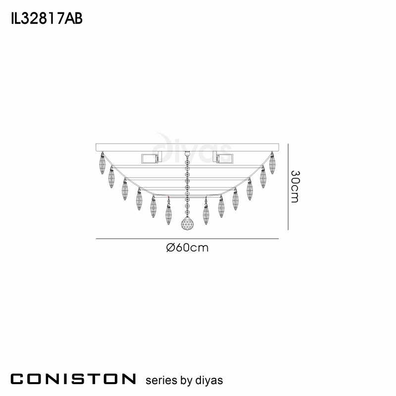 Load image into Gallery viewer, Diyas IL32817AB Coniston Flush Ceiling, 6 Light E14, Antique Brass/Crystal - 60950
