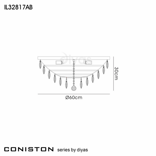Diyas IL32817AB Coniston Flush Ceiling, 6 Light E14, Antique Brass/Crystal - 60950