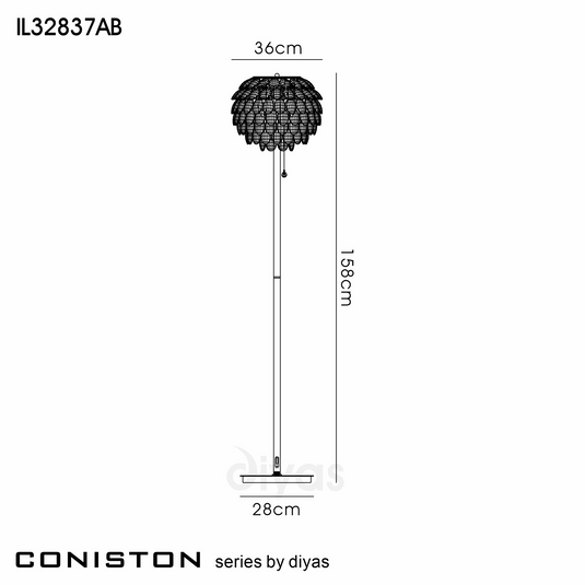Diyas IL32837AB Coniston Floor Lamp, 3 Light E14, Antique Brass/Crystal - 60948