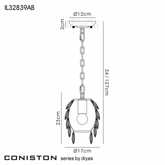 Diyas IL32839AB Coniston Pendant 5 Layer, 1 Light E27, Antique Brass/Crystal - 60943