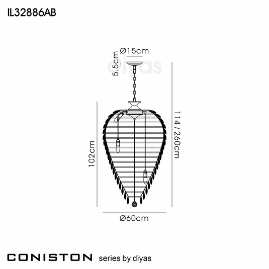 Diyas IL32886AB Coniston Acorn Pendant, 16 Light E14, Antique Brass/Crystal, Item Weight: 40.60kg - 60959