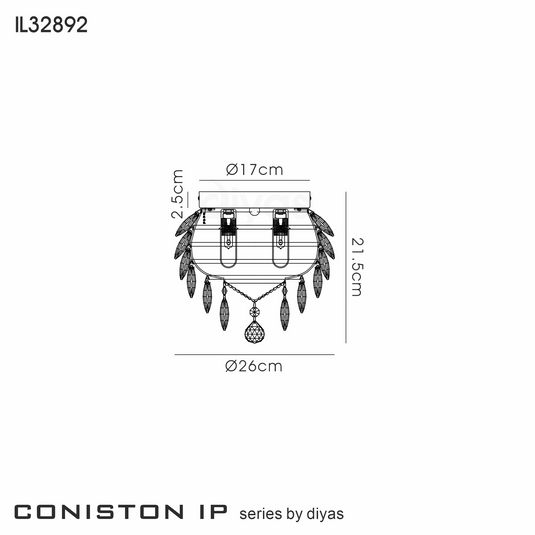 Diyas IL32892 Coniston IP Ceiling, 3 Light G9, IP44, Polished Chrome/Crystal