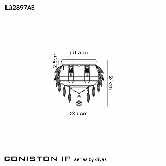 Diyas IL32897AB Coniston IP Ceiling, 3 Light G9, IP44, Antique Brass/Crystal - 60967