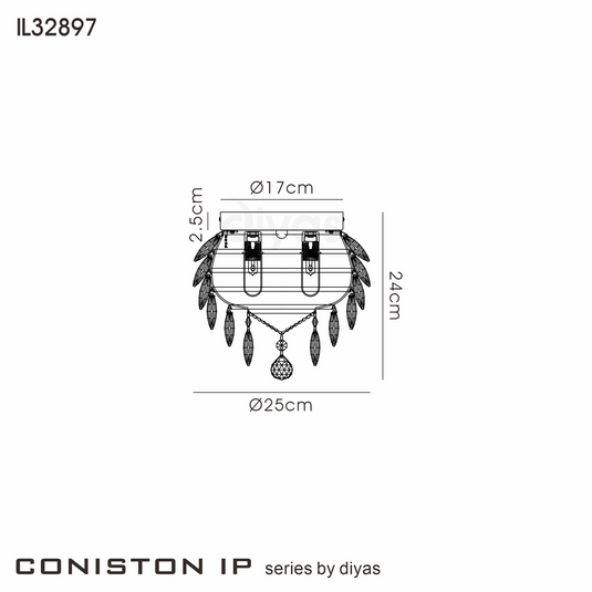 Diyas IL32897 Coniston IP Ceiling, 3 Light G9, IP44, French Gold/Crystal