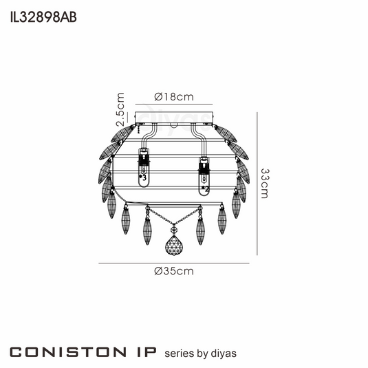 Diyas IL32898AB Coniston IP Ceiling, 5 Light G9, IP44, Antique Brass/Crystal - 60968