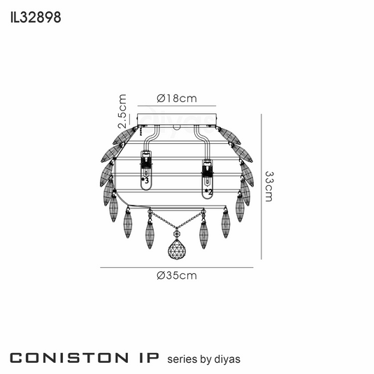 Diyas IL32898 Coniston IP Ceiling, 5 Light G9, IP44, French Gold/Crystal