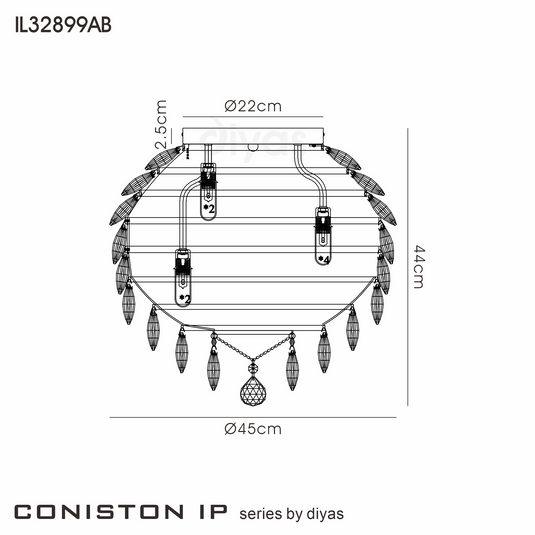 Diyas IL32899AB Coniston IP Ceiling, 8 Light G9, IP44, Polished Chrome/Crystal - 60969