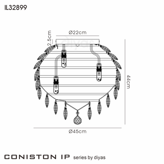 Diyas IL32899 Coniston IP Ceiling, 8 Light G9, IP44, French Gold/Crystal