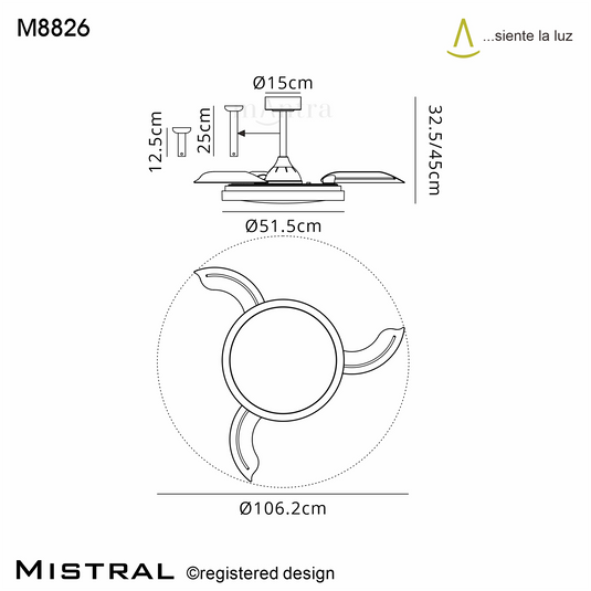Mantra M8826 Mistral 50W LED Dimmable Ceiling Light With Built-In 30W DC Fan, 2700-5000K Remote Control, 3200lm, White -