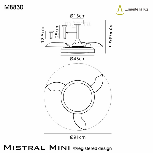 Mantra M8830 Mistral Mini 40W LED Dimmable Ceiling Light With Built-In 28W DC Fan, 2700-5000K Remote Control, 2500lm Wood -