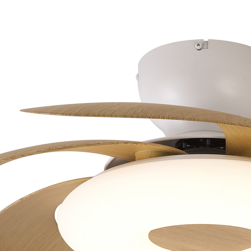 Load image into Gallery viewer, Mantra M8704 Flowers 24W LED Dimmable Ceiling Light With Built-In 25W DC Reversible Fan, Remote Control 2700-5000K, 2900lm, White/Wood -

