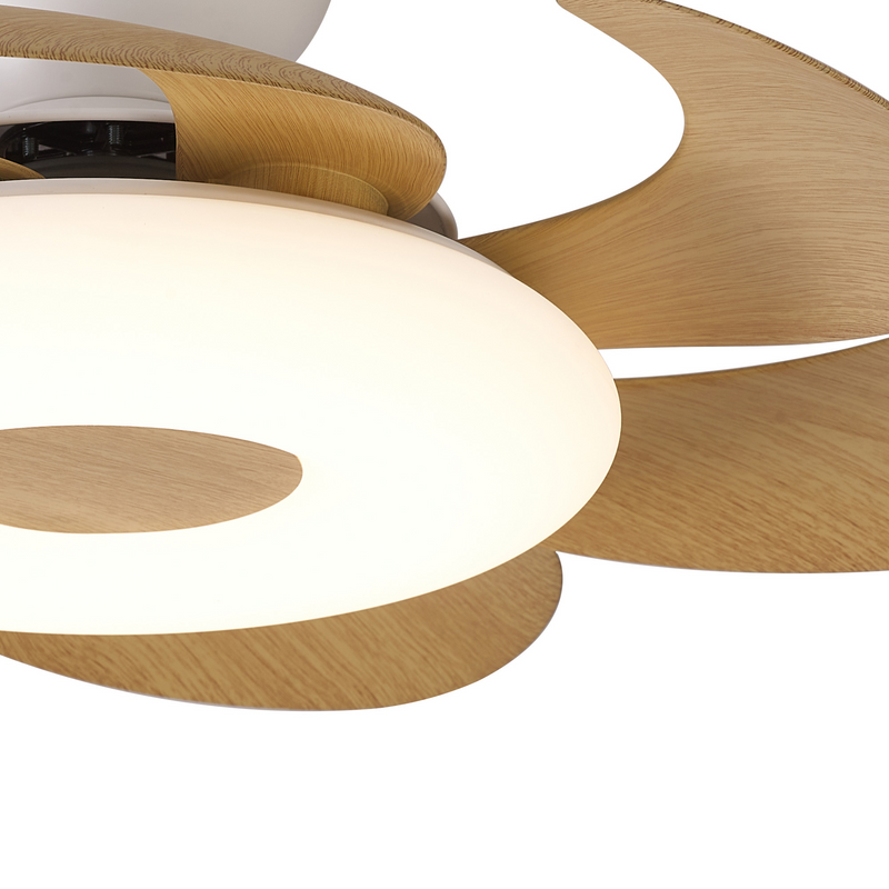 Load image into Gallery viewer, Mantra M8704 Flowers 24W LED Dimmable Ceiling Light With Built-In 25W DC Reversible Fan, Remote Control 2700-5000K, 2900lm, White/Wood -
