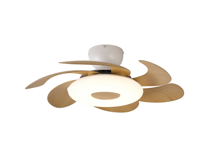 Load image into Gallery viewer, Mantra M8704 Flowers 24W LED Dimmable Ceiling Light With Built-In 25W DC Reversible Fan, Remote Control 2700-5000K, 2900lm, White/Wood -
