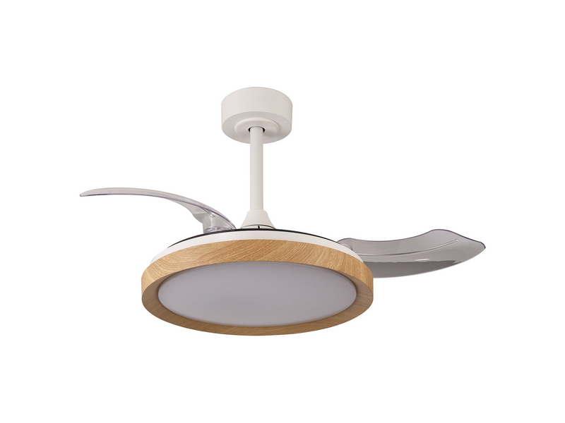 Load image into Gallery viewer, Mantra M8830 Mistral Mini 40W LED Dimmable Ceiling Light With Built-In 28W DC Fan, 2700-5000K Remote Control, 2500lm Wood -
