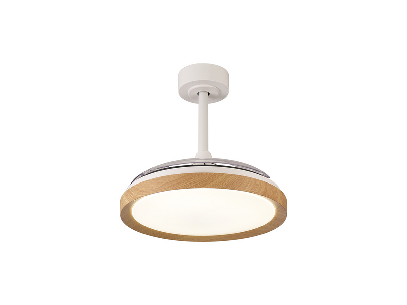 Load image into Gallery viewer, Mantra M8830 Mistral Mini 40W LED Dimmable Ceiling Light With Built-In 28W DC Fan, 2700-5000K Remote Control, 2500lm Wood -

