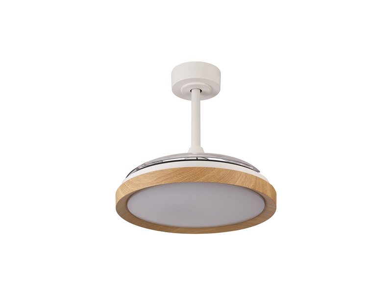 Load image into Gallery viewer, Mantra M8830 Mistral Mini 40W LED Dimmable Ceiling Light With Built-In 28W DC Fan, 2700-5000K Remote Control, 2500lm Wood -
