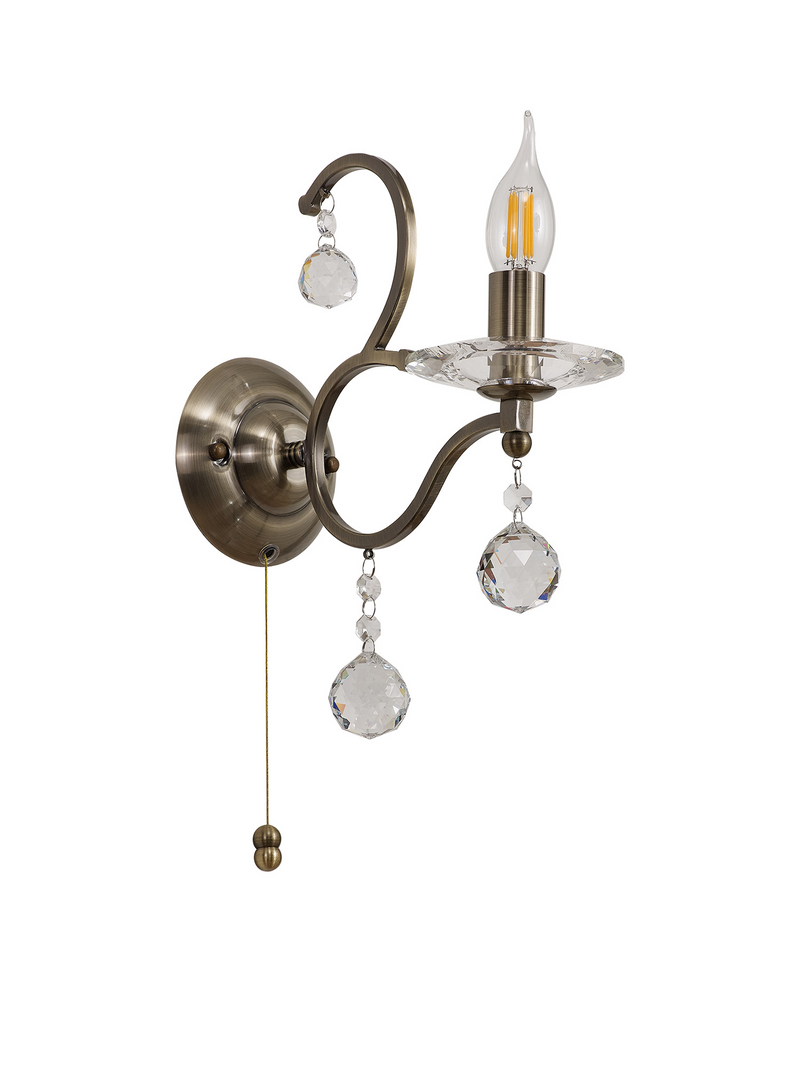 Load image into Gallery viewer, Diyas IL32121 Zinta Wall Lamp Switched 1 Light E14 Antique Brass/Crystal - 53456
