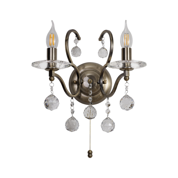 Diyas IL32122 Zinta Wall Lamp Switched 2 Light E14 Antique Brass/Crystal - 53457