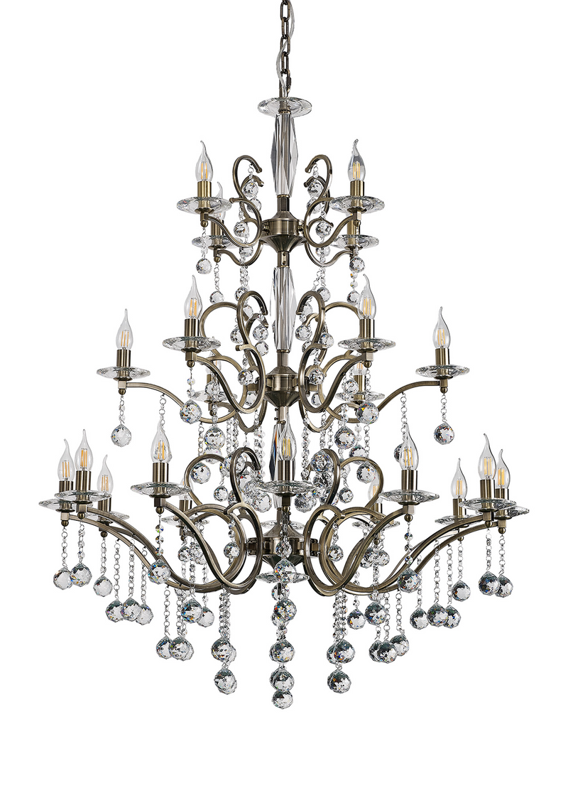 Load image into Gallery viewer, Diyas IL32126+4+12 Zinta Pendant 3 Tier 22 Light E14 Antique Brass/Crystal - 53460

