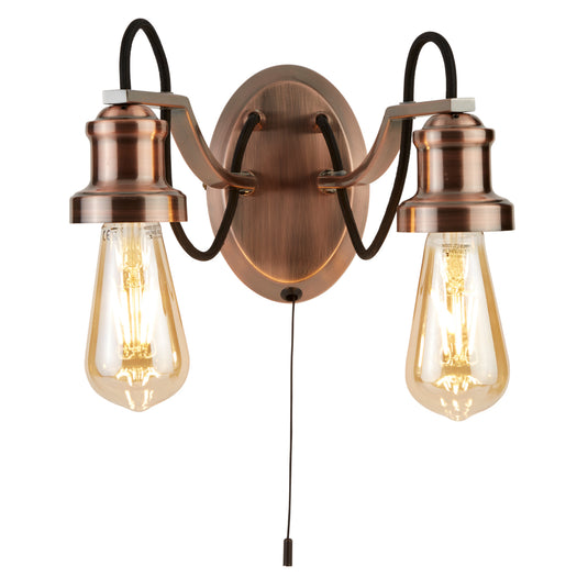Searchlight 1062-2CU Olivia 2Lt Wall Light, Black Braided Fabric Cable, Antique Copper - 23957