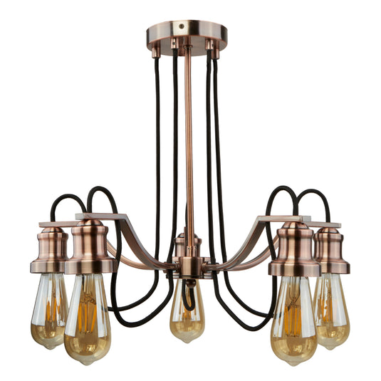 Searchlight 1065-5CU Olivia 5Lt Ceiling, Black Braided Fabric Cable, Antique Copper - 26946