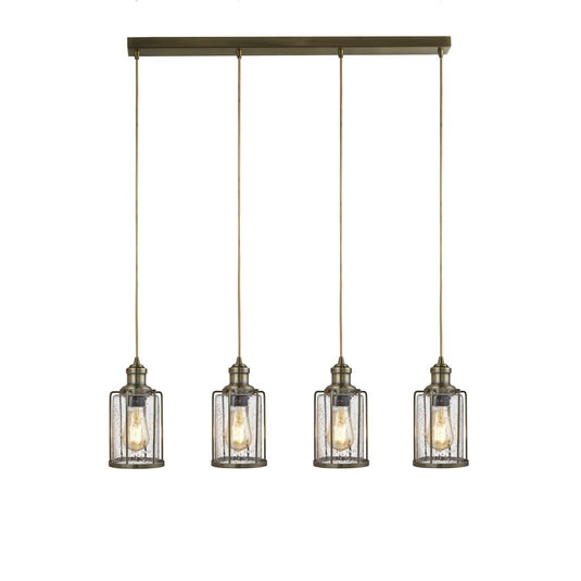 Searchlight 1164-4AB Pipes 4Lt Bar Pendant, Antique Brass With Seeded Glass - 30871