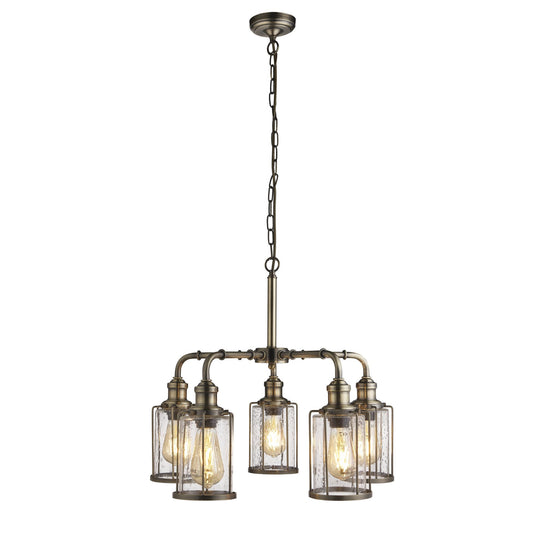 Searchlight 1265-5AB Pipes 5Lt Pendant, Antique Brass With Seeded Glass - 30881