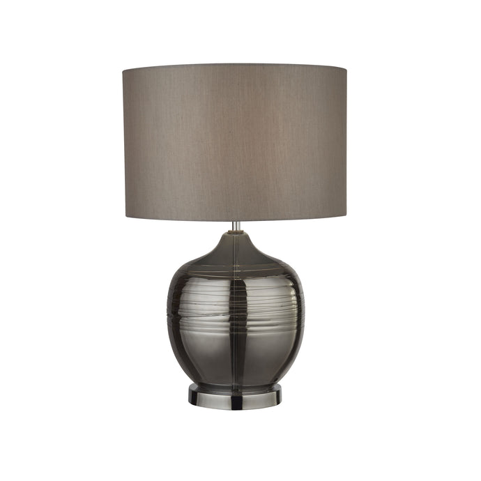 Searchlight 2837SM Lydia Smoked Ridged Detail Glass Table Lamp With Grey Drum Shade - 26645