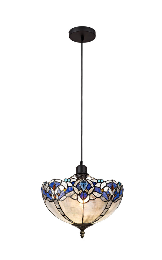 C-Lighting Hadlow 1 Light Uplighter Pendant E27 With 30cm Tiffany Shade, Blue/Clear Crystal/Black - 29543