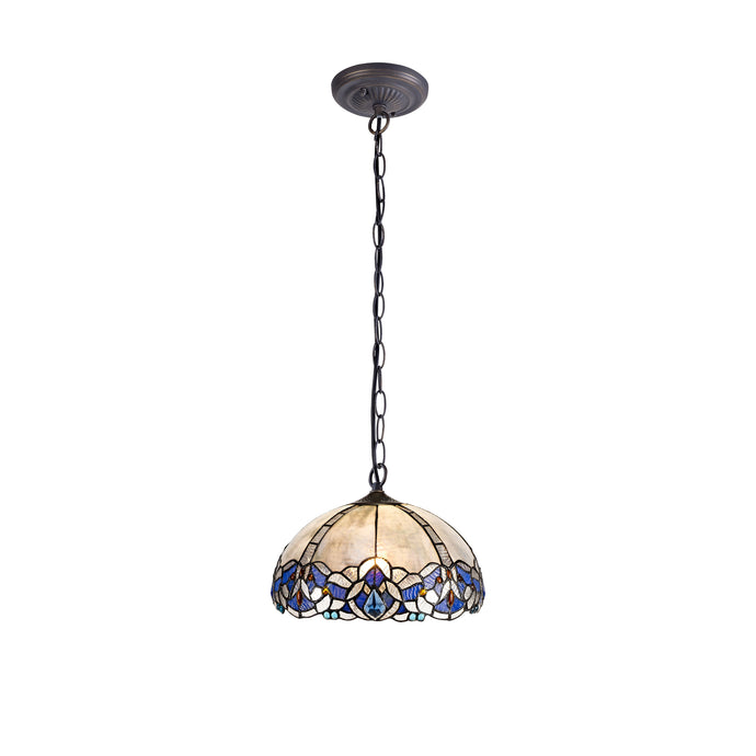 C-Lighting Hadlow 1 Light Downlight Pendant E27 With 30cm Tiffany Shade, Blue/Clear Crystal/Aged Antique Brass - 29547