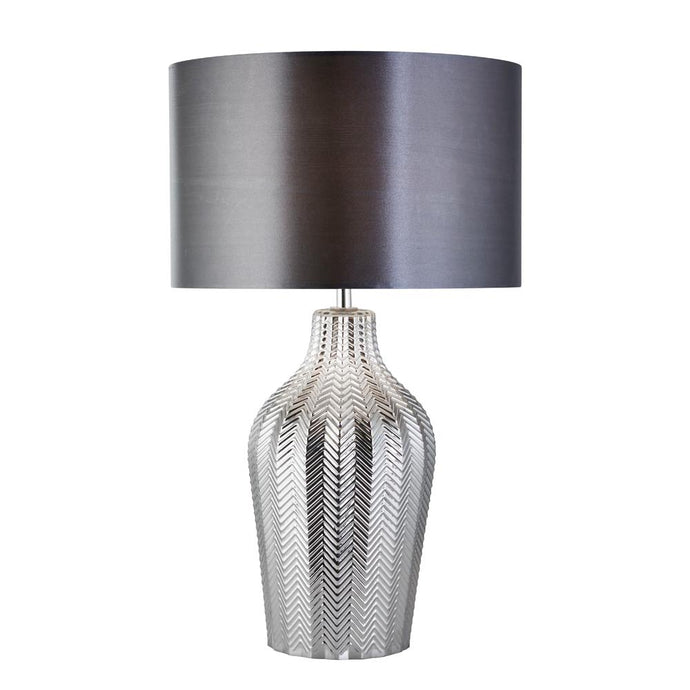 Searchlight 3452SM Chevron 1Lt Table Lamp With Grey Drum Shade And Smoked Ribbed Glass Base - 26465