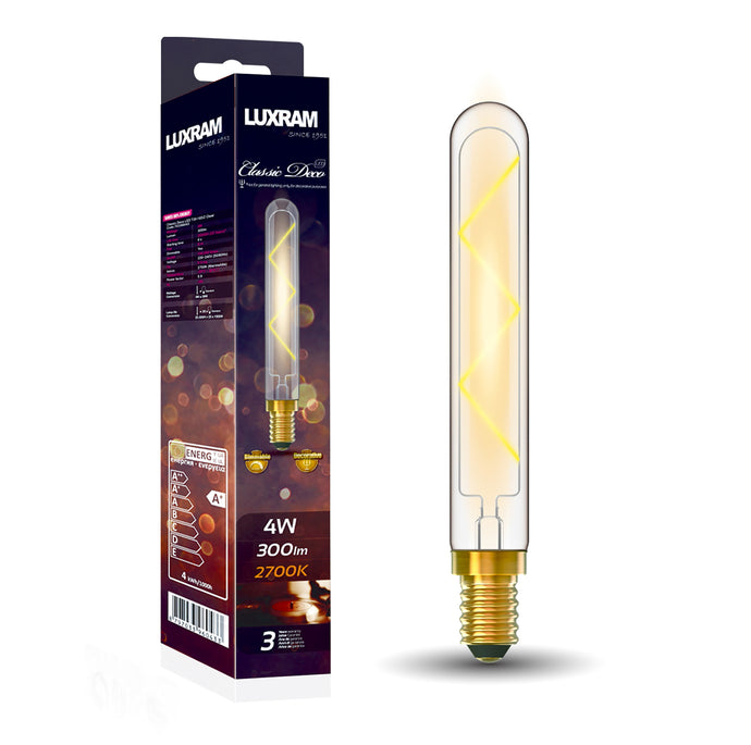 Classic Deco LED 185mm Tubular E14 Dimmable 4W 2700K Warm White, 300lm, Clear Glass, 3yrs Warranty