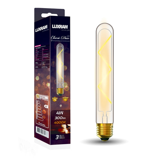 Classic Deco LED 185mm Tubular E27 Dimmable 4W 4000K Natural White, 300lm, Clear Glass, 3yrs Warranty