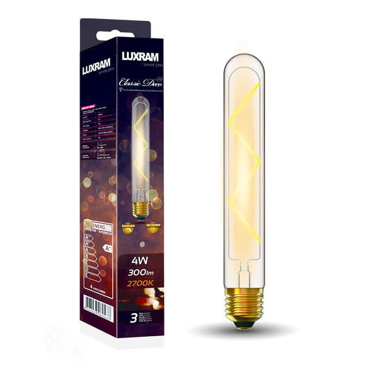 Classic Deco LED 185mm Tubular E27 Dimmable 4W 2700K Warm White, 300lm, Clear Glass, 3yrs Warranty