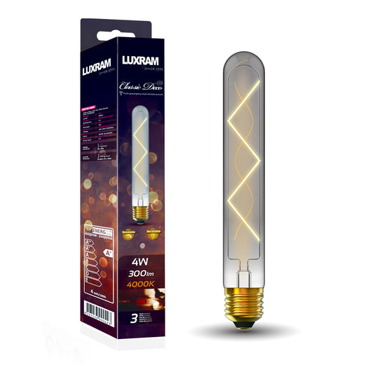 Classic Deco LED 185mm Tubular E27 Dimmable 4W 4000K Natural White, 300lm, Smoke Glass, 3yrs Warranty
