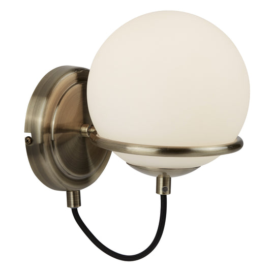 Searchlight 7091AB Sphere 1Lt Wall Bracket, Antique Brass, Black Braided Cable, Opal White Glass Shades - 31418