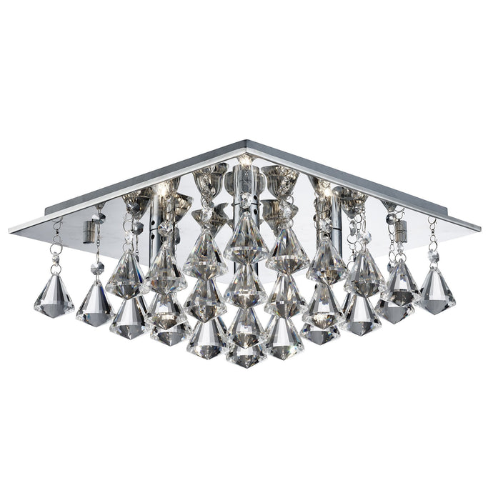 Searchlight 7304-4CC Hanna - 4Lt Square Flush Ceiling, Chrome, Clear Crystal Pyramid Drops - 31438