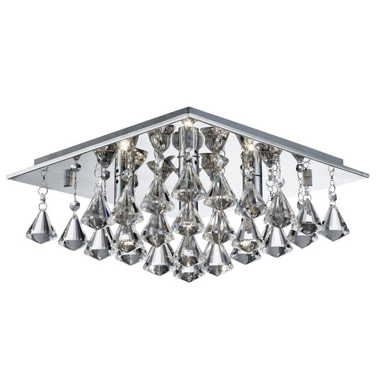 Searchlight 7304-4CC Hanna - 4Lt Square Flush Ceiling, Chrome, Clear Crystal Pyramid Drops - 31438