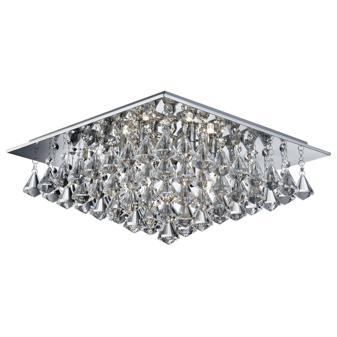 Searchlight 7306-6CC Hanna - 6Lt Square Flush Ceiling, Chrome, Clear Crystal Pyramid Drops - 31439