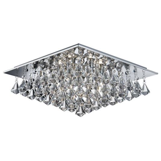 Searchlight 7306-6CC Hanna - 6Lt Square Flush Ceiling, Chrome, Clear Crystal Pyramid Drops - 31439
