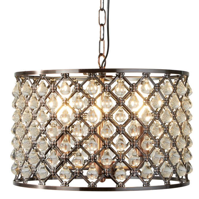 Searchlight 7813-3CU Marquise 3Lt Drum Pendant, Antique Copper, Glass Tear Drop Trim - 31486