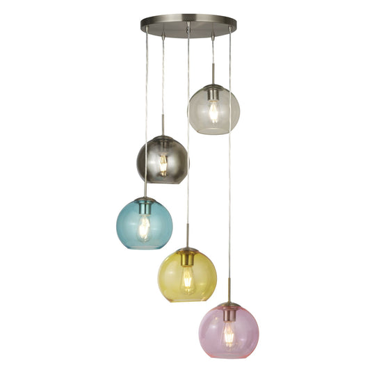 Searchlight 8135-5SS Mardi Gras 5Lt Pendant, Satin Silver With Multi Coloured Glass - 24677