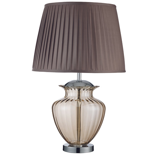 Searchlight 8531AM Elina Table Lamp Large Glass Urn, Amber Glass, Chrome, Brown Pleated Shade - 19908