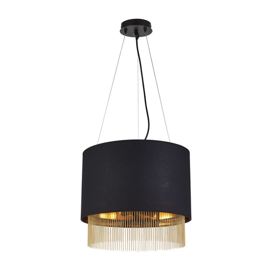 Searchlight 8723-3BK Fringe 3Lt Pendant, Black Shade With Gold Chain - 31594