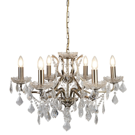 Searchlight 8736-6AB Paris 6Lt Chandelier, Clear Crystal Drops & Trim, Antique Brass - 23135