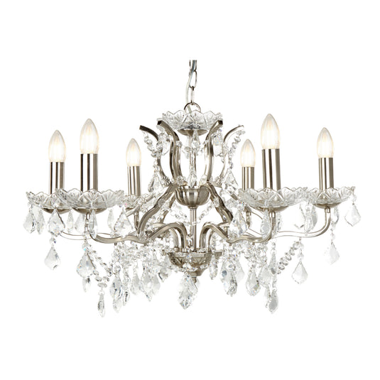 Searchlight 8736-6SS Paris 6Lt Chandelier, Clear Crystal Drops & Trim, Satin Silver - 22180